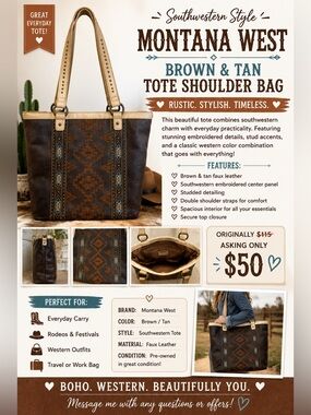 Montana West Brown and Tan Southwestern Studded Tote Shoulder Bag